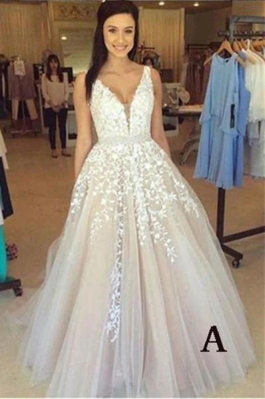 A-line V Neck Sexy Lace Appliques Long Wedding Dress