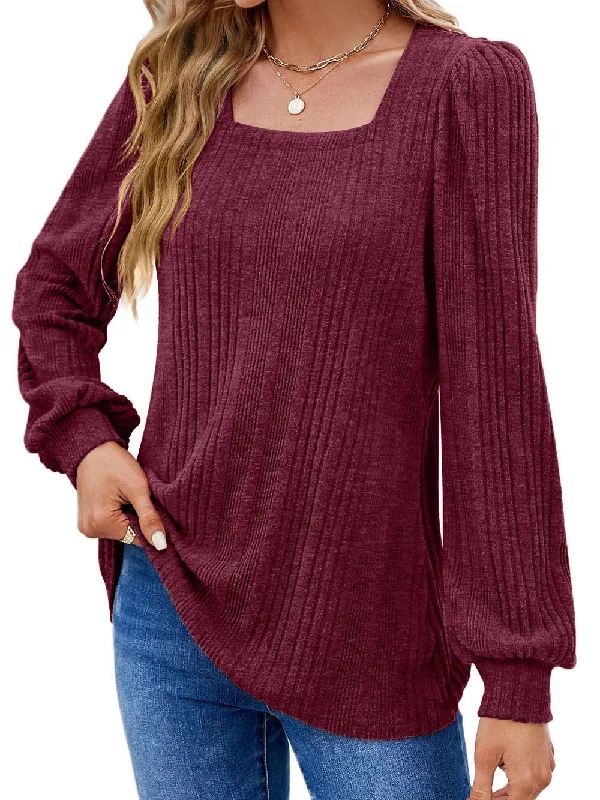 Fashion Ribbed Square Neck Long Sleeve Knit Top Wholesale Womens Tops