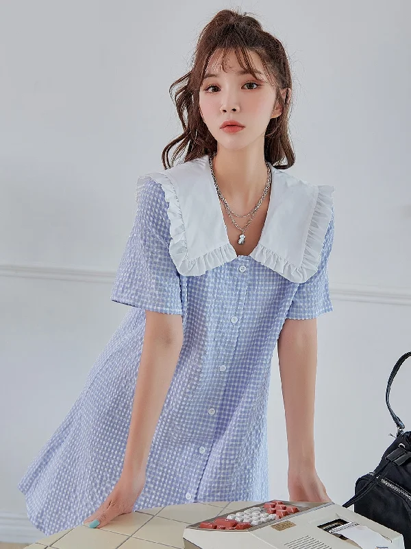 Gingham Button Front Short Sleeve Peter Pan Collar Straight Natural Short Dress