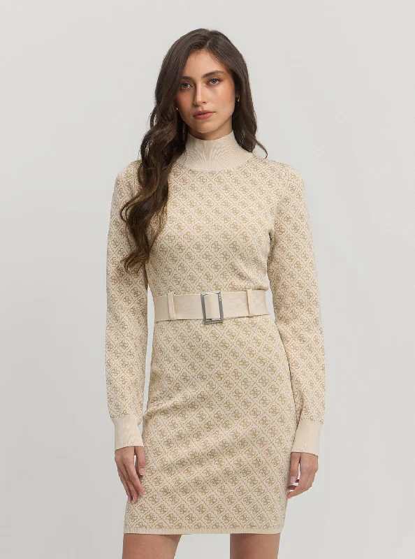 Beige Logo Belted Knit Midi Dress