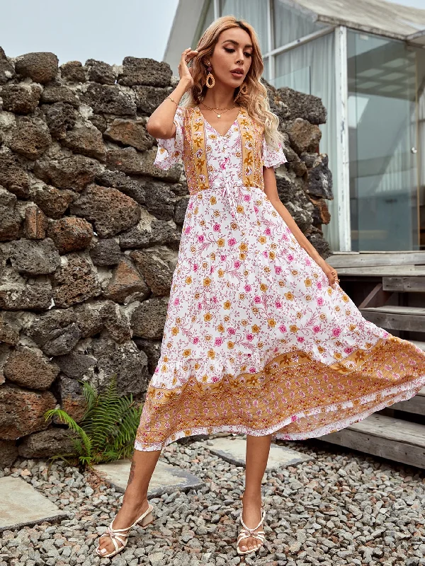 All Over Print Button Front Short Sleeve V Neck Flounce High Waist Long Dress