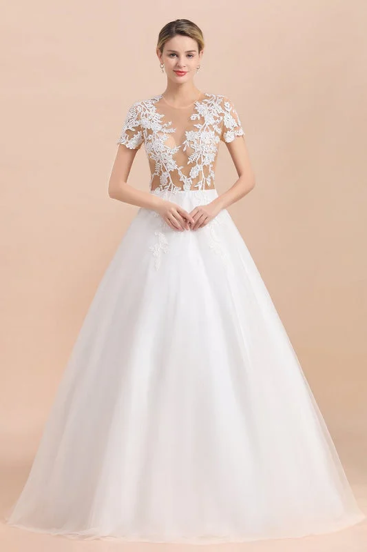 Chic Lace Tulle A-line Short Sleeve Wedding Dress