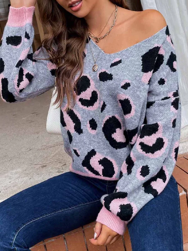 Casual Leopard Long Sleeve V Neck Regular Women Sweater