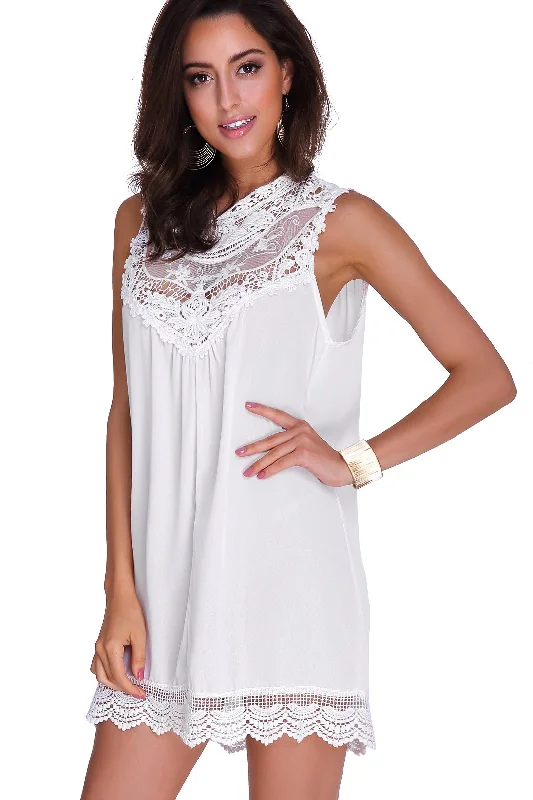 Wholesale White Crew Neck Sleeveless Lace Hollow Mini Dress