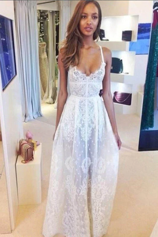 Boho White Spaghetti Straps V-neck Lace Beach Sexy Wedding Dress