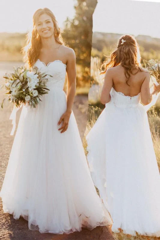 Sexy Sweetheart White Tulle Backless Beach with Lace Long Wedding Dress