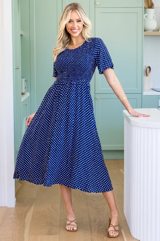 Annalee Midi Dress Navy White Mini Spot