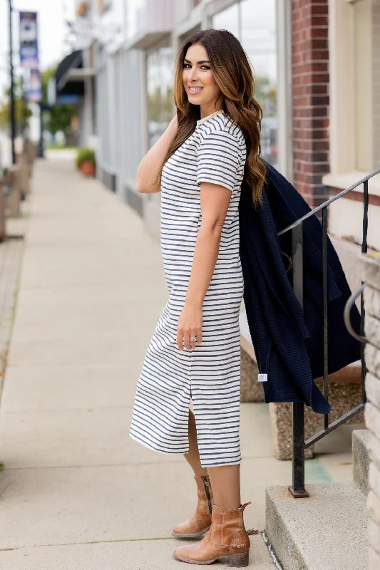 Striped Side Slit Short Sleeve Midi Dress