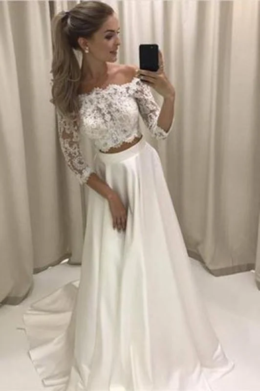 Two Piece 3/4 Sleeve Off the Shoulder Lace Satin Beach Wedding Dress