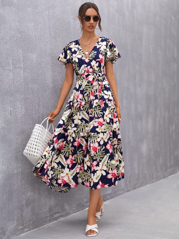 Floral Belted Short Sleeve V Neck Flared High Waist Maxi Dress