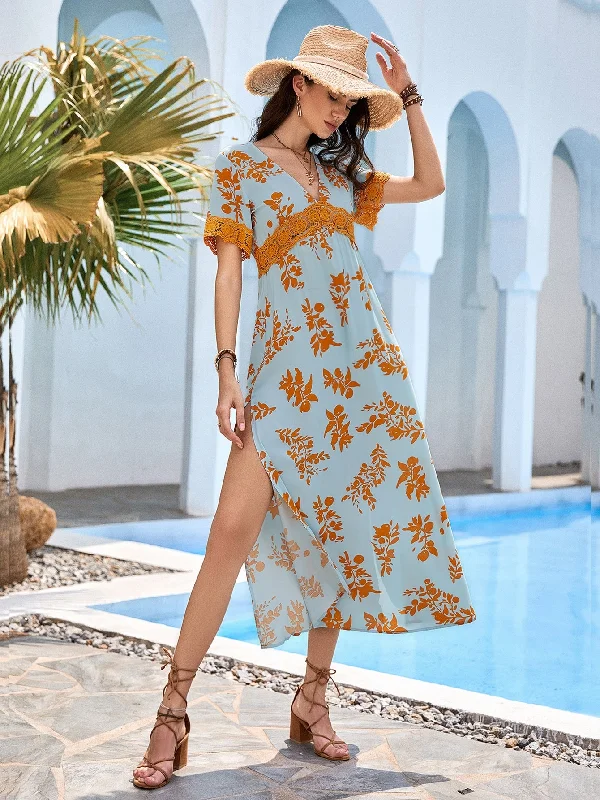 Floral Split Thigh Short Sleeve V Neck Slit High Waist Long Dress