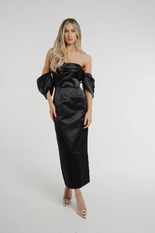 Holly Puff Sleeve Bardot Dress In Black