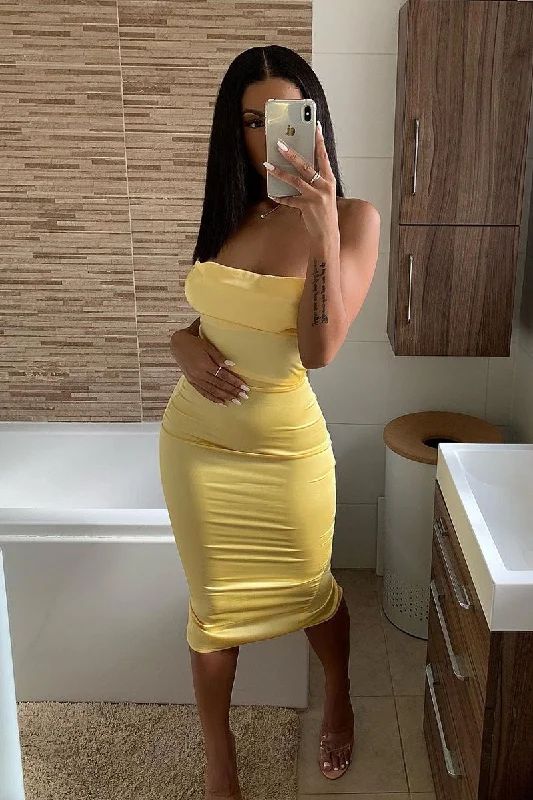 Yellow Satin Cowl Neck Midi Bodycon Dress - Liliana