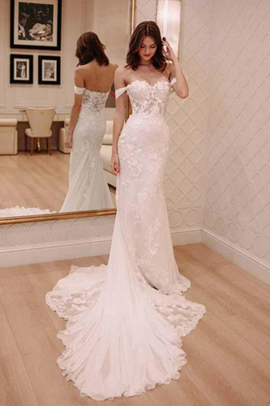 Sexy Off Shoulder Appliqued Beach with Court Train Ivory Wedding Dress