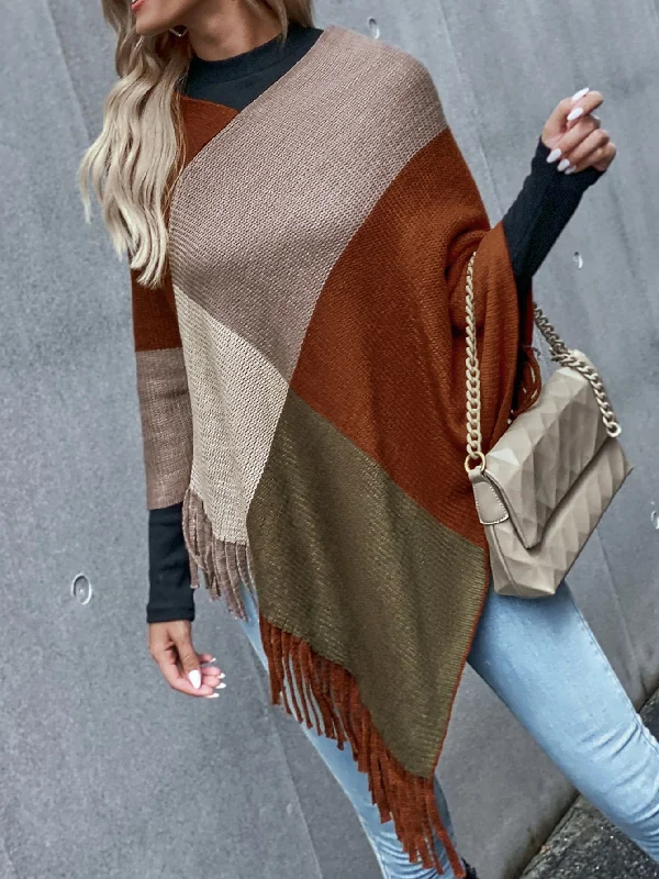 Casual Colorblock Fringe Three Quarter Length Sleeve V Neck Asymmetrical Regular Women Sweater