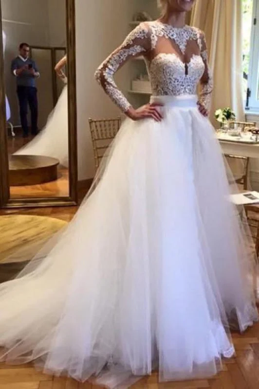 White Tulle Crew Neck Sheer Long Sleeve Lace Wedding Dress