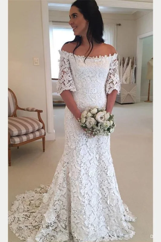 White Off the Shoulder Half Sleeves Sweep Train Lace Wedding Dress