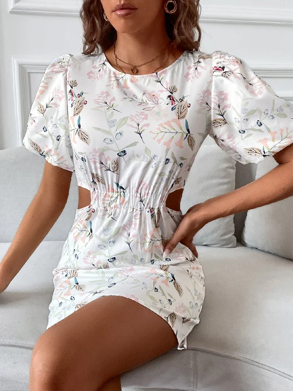 Floral Cut Out Short Sleeve Scoop Neck Pencil High Waist Short Dress