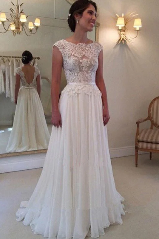 A-line Lace Appliqued Cap Sleeves Ivory Chiffon Long Beach Wedding Dress