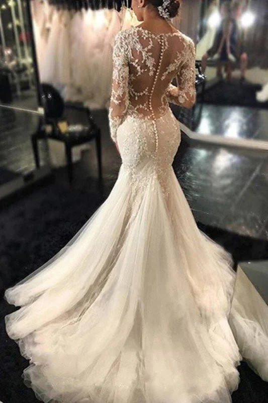 Gorgeous Long Sleeves Mermaid V-neck Gown Ivory Wedding Dress