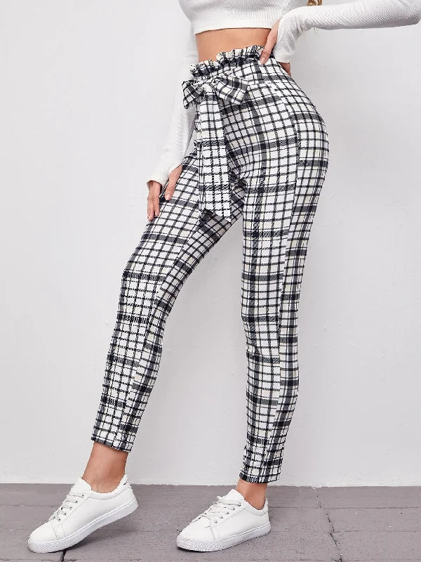 Casual Plaid Paper Bag Waist High Waist Cropped Women Pants