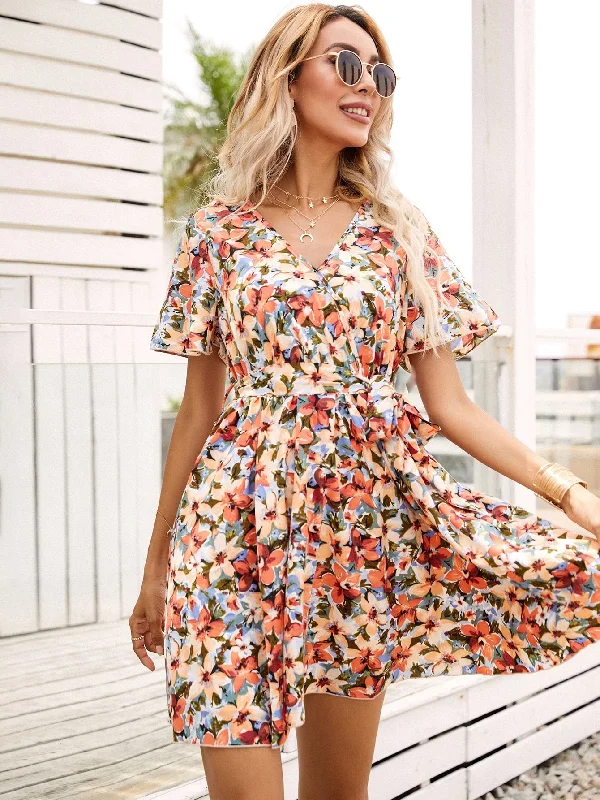 All Over Print Belted Short Sleeve V Neck Flared High Waist Short Dress