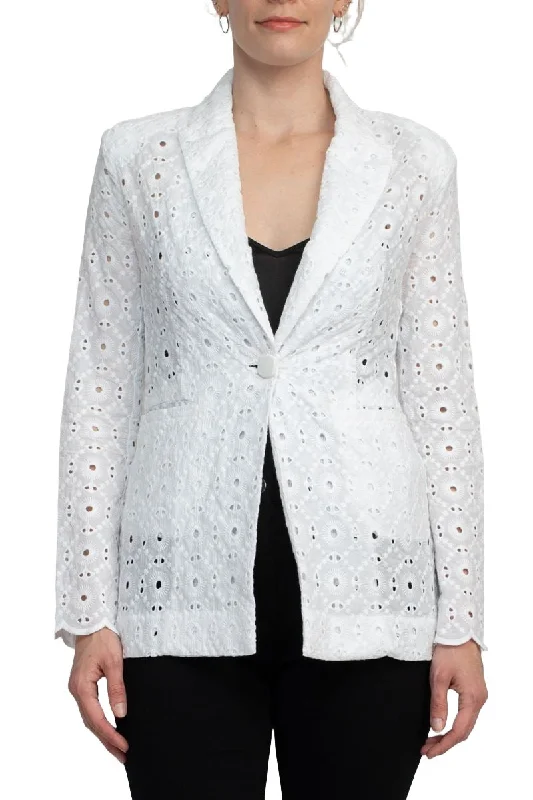 Lapel Collar Long Sleeve One Button Closure Eyelet Lace Blazer