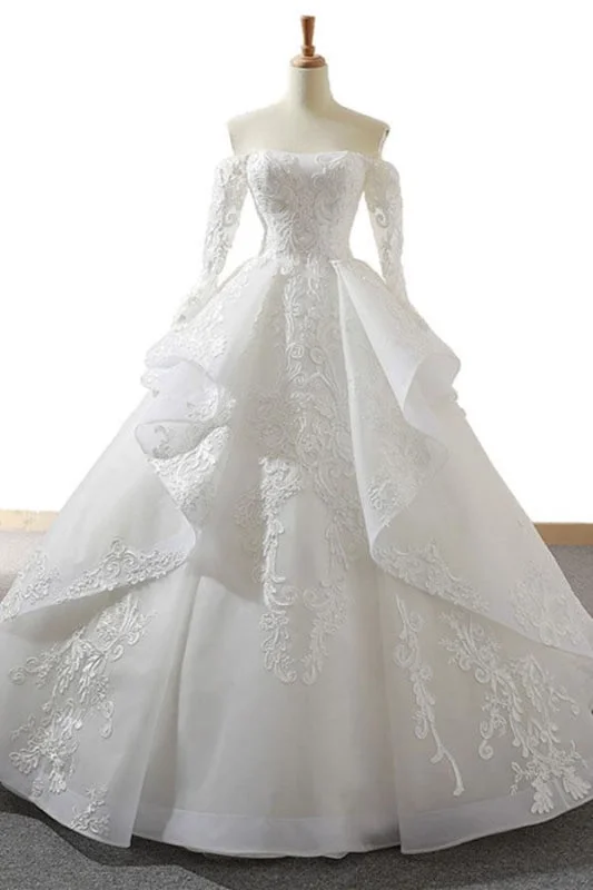 Lace-up Off Shoulder Long Sleeve Tulle Wedding Dress