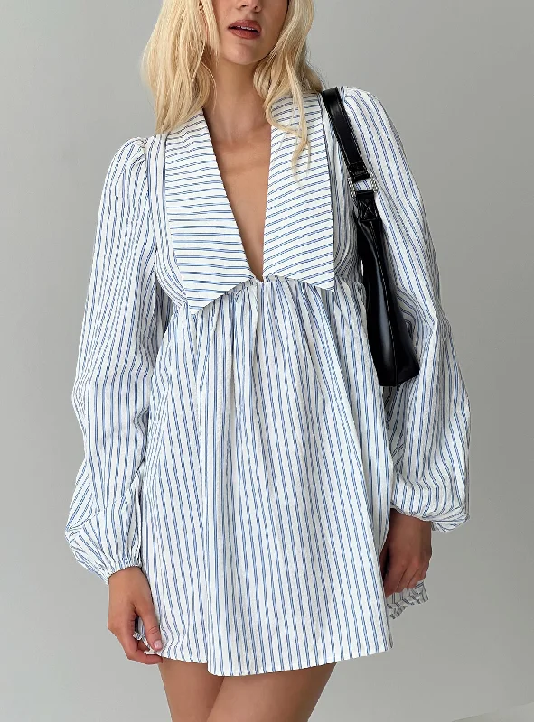 Ronelle Collared Long Sleeve Mini Dress Blue Stripe