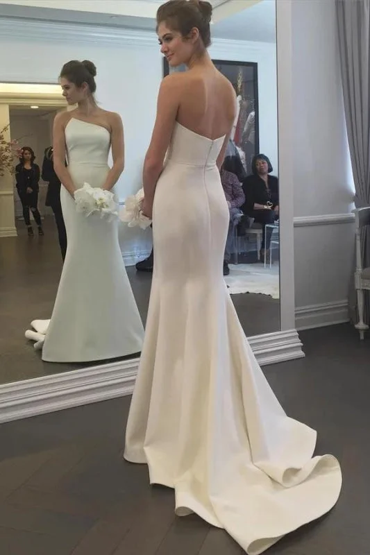 Simple Strapless Mermaid Long Elegant Ivory Sweep Train Wedding Dress