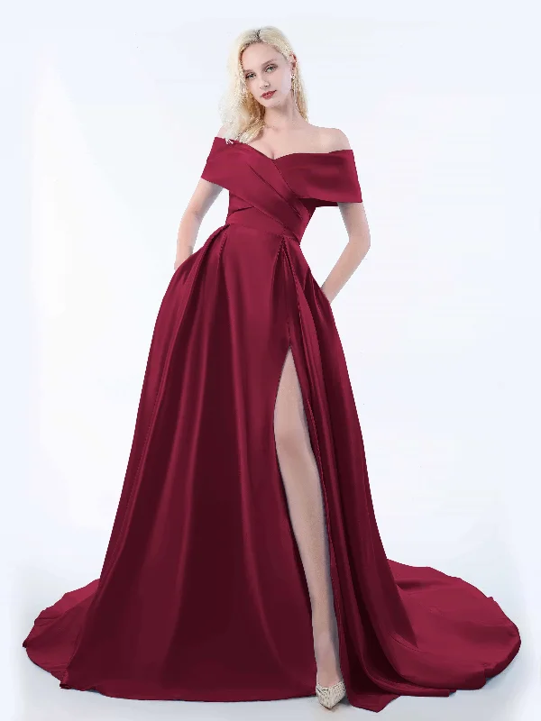 Violet Off the Shoulder Sweep Train Satin Dresses With Slit